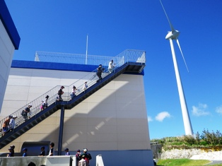 大きな風車を横に、メガソーラを見学するために階段を登る参加者
