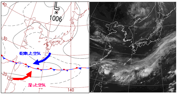 梅雨時期の天気図、その日の衛星画像